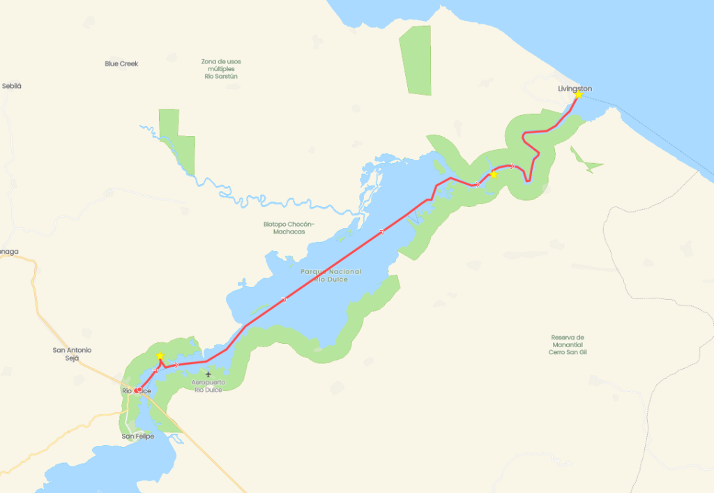 Map of Rio Dulce, Guatemala, showing the three stops that were made along this adventure.