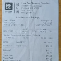 Receipt for Access to Lan Su Chinese Garden in Portland, Oregon, USA Receipt for Access to Lan Su Chinese Garden in Portland, Oregon, USA