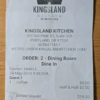 Receipt for Breakfast at Kingsland Kitchen Restaurant, Portland, Oregon, USA Receipt for Breakfast at Kingsland Kitchen Restaurant, Portland, Oregon, USA