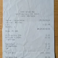 Receipt for Lunch at Beach Chalet Brewery and Restaurant in San Francisco, California, USA Receipt for Lunch at Beach Chalet Brewery and Restaurant in San Francisco, California, USA